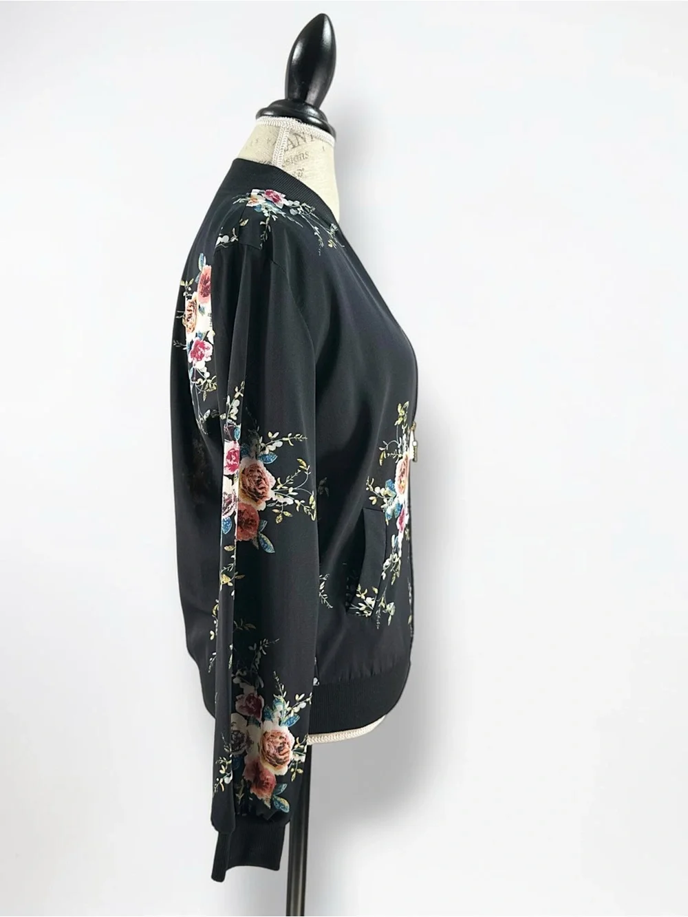 Black Floral Bomber Jacket Semi Sheer Lightweight Zip Up Coat - Picture 4 of 13